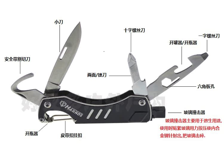 多用途不锈钢多功能组合小工具随身便携式车载螺丝刀应急破窗救生