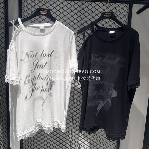 MOUSSY26夏露肩蕾丝宽松T恤衫