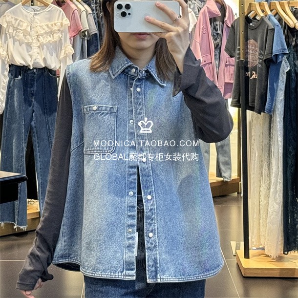 牛仔马甲MOUSSY日系翻领纽扣女