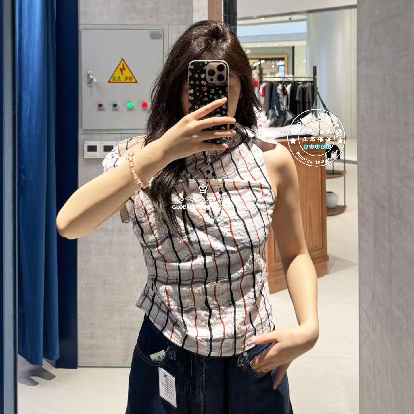 SLY日系格纹露肩吊带衬衫上衣女