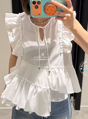 MOUSSY国内代购 26夏 日系飞袖荷叶边圆领衬衫上衣 028JSZ30-1089