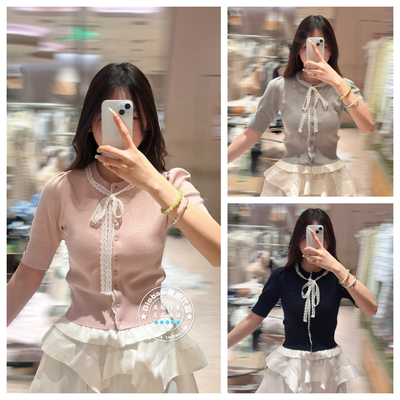 SNIDEL针织开衫蝴蝶结系带短袖