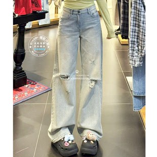 028JSA11 MOUSSY国内代购 女 日系破洞做旧直筒牛仔裤 1004 26春夏
