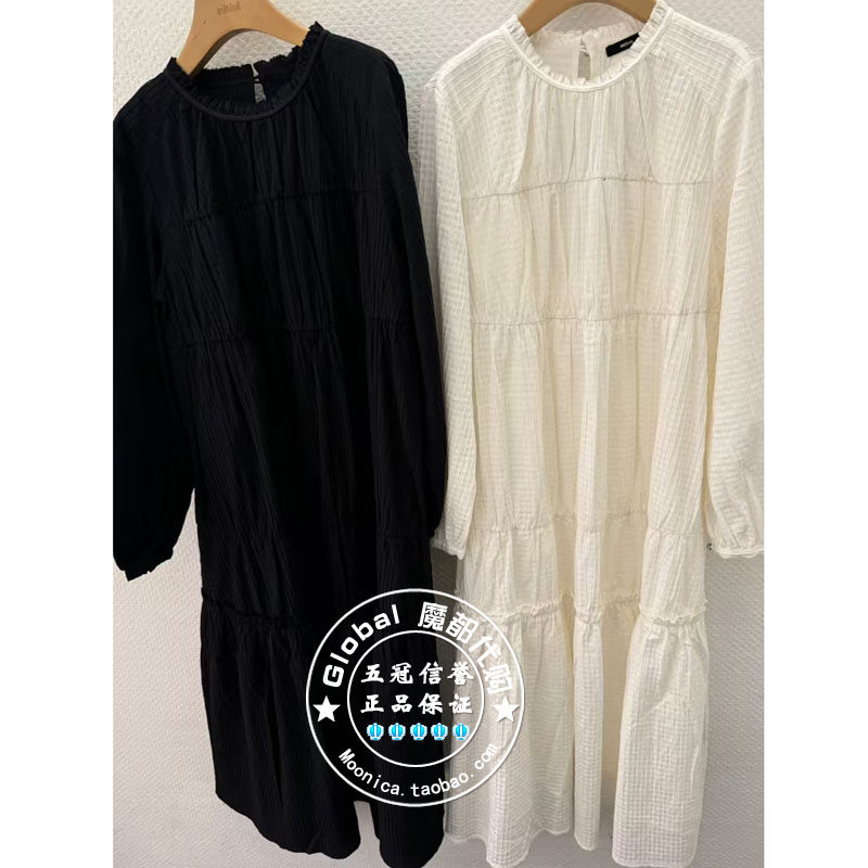 复古A字裙纯色褶皱连衣裙