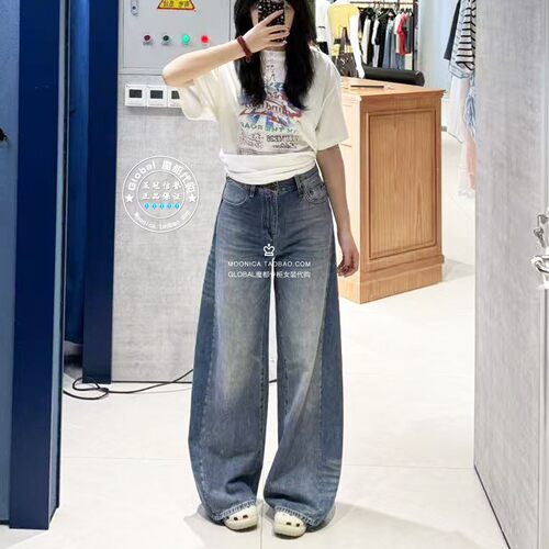 MOUSSY日系复古水洗阔腿牛仔裤女