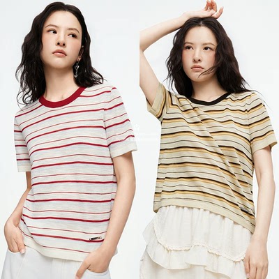 MOUSSY26夏拼色条纹短袖T恤衫