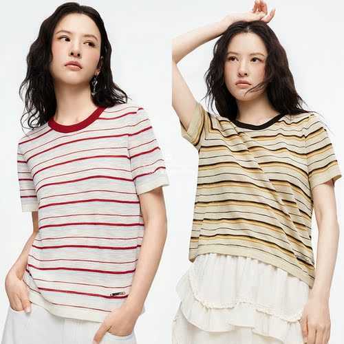 MOUSSY26夏拼色条纹短袖T恤衫