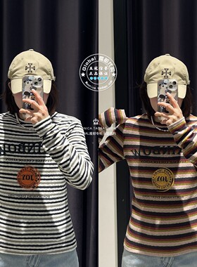 MOUSSY国内代购 25秋冬 条纹圆领字母针织T恤衫上衣028IAA90-1040