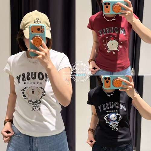 MOUSSY26夏潦草小狗印花女T恤衫
