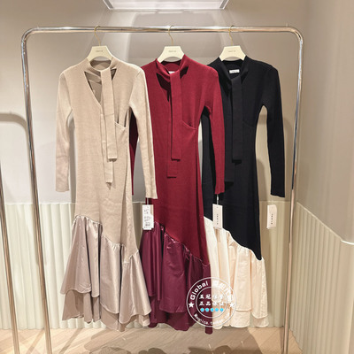 FRAY I.D国内代购 25冬 V领拼接荷叶边气质优雅连衣裙FWNO255088