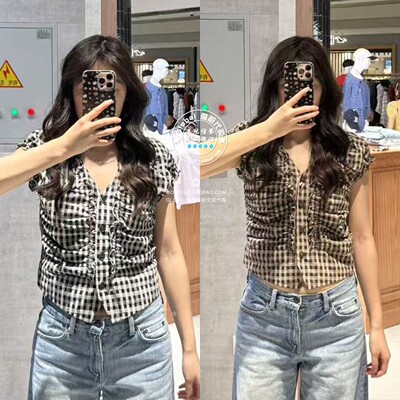 MOUSSY26春夏甜酷格纹泡泡袖衬