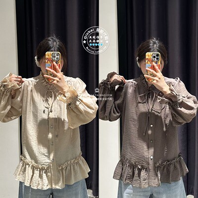 MOUSSY春夏花边领系带长袖衬衫女