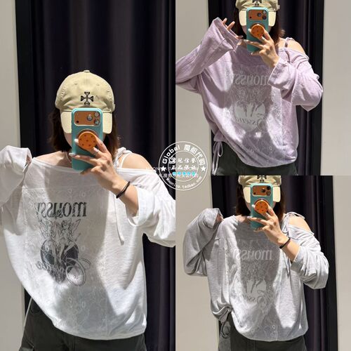 MOUSSY26秋蕾丝拼接露肩T恤衫女