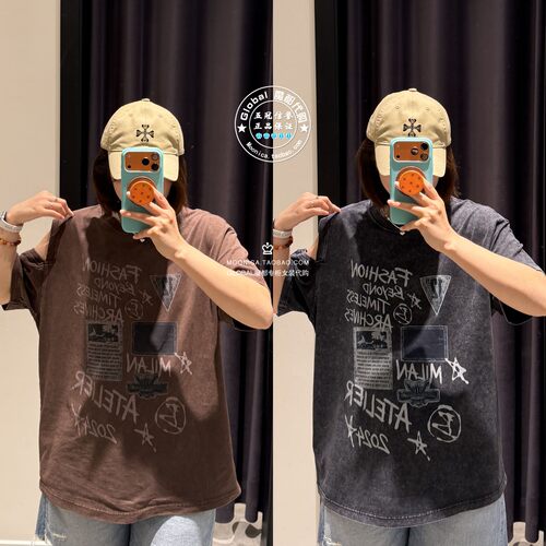 MOUSSY26夏复古露肩涂鸦T恤衫女