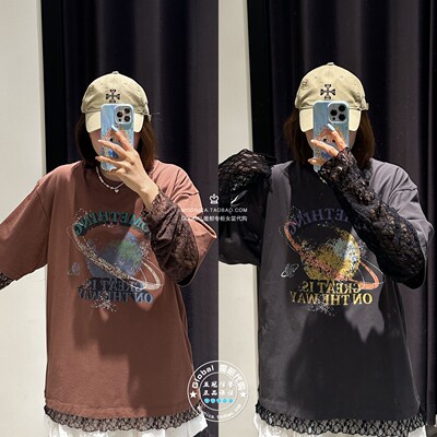 MOUSSY日系假两件圆领长袖T恤衫