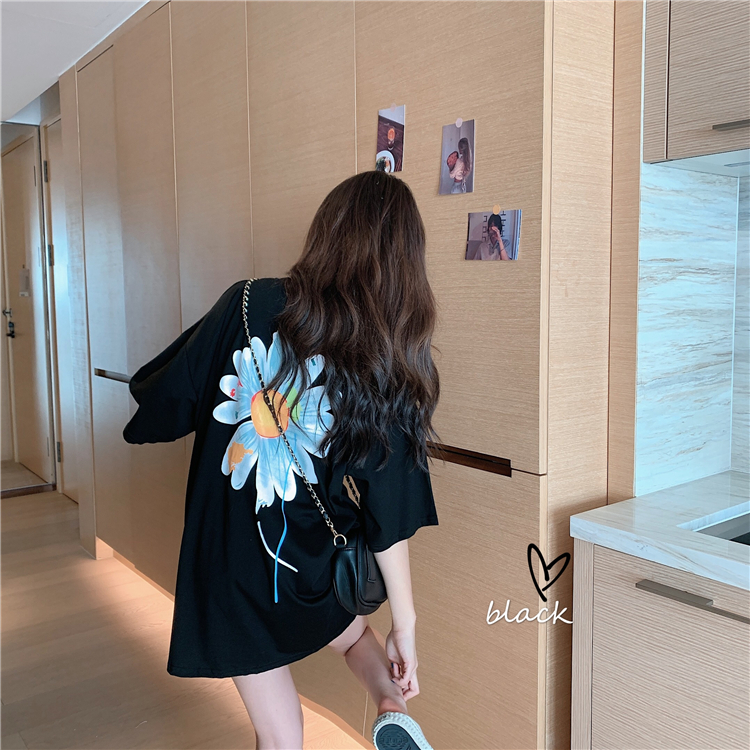 實拍實價~韓版百搭寬鬆休閒圓領雛菊印花短袖T恤 