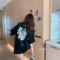 實拍實價~韓版百搭寬鬆休閒圓領雛菊印花短袖T恤 