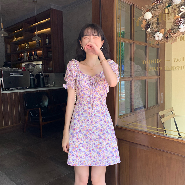 Real price ~ retro square neck waist show thin floral Short Sleeve Dress