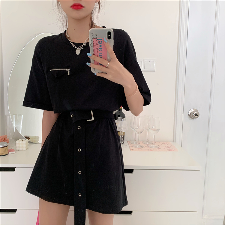 Real price ~ versatile simple loose round neck waist design Short Sleeve Dress