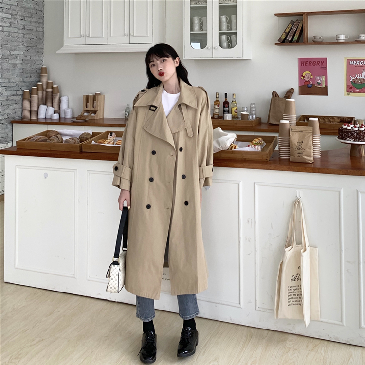 Real price ~ autumn versatile temperament double breasted knee length windbreaker jacket