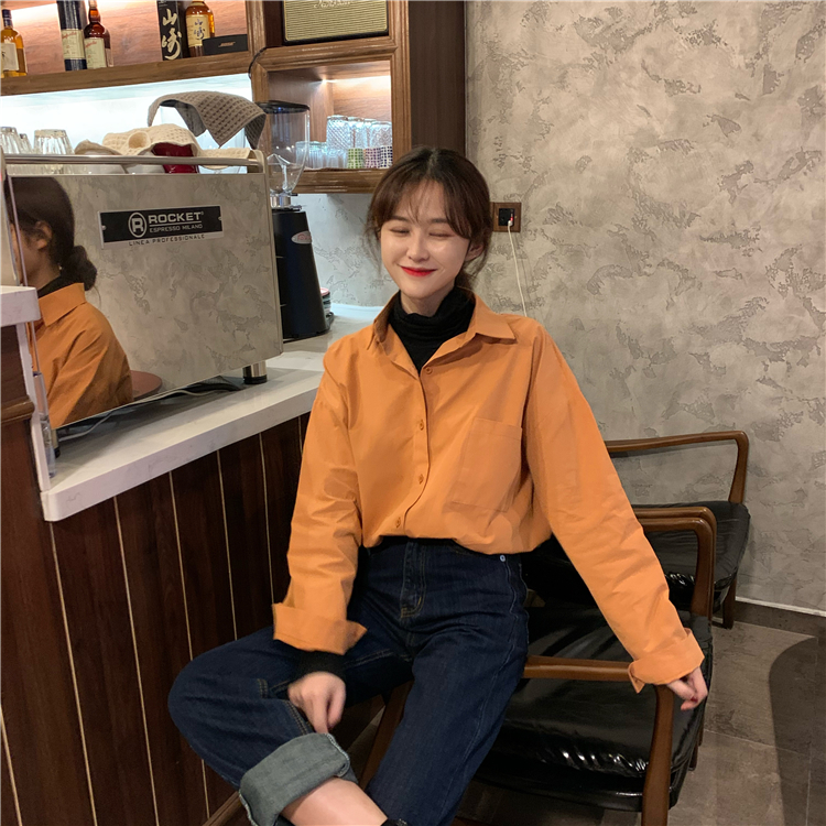 Real shot real price ~ Korean casual versatile simple solid color Lapel single breasted pocket Long Sleeve Shirt