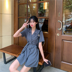 Real price ~ summer lace up waist shows thin double breasted suit one-piece trouser skirt checked