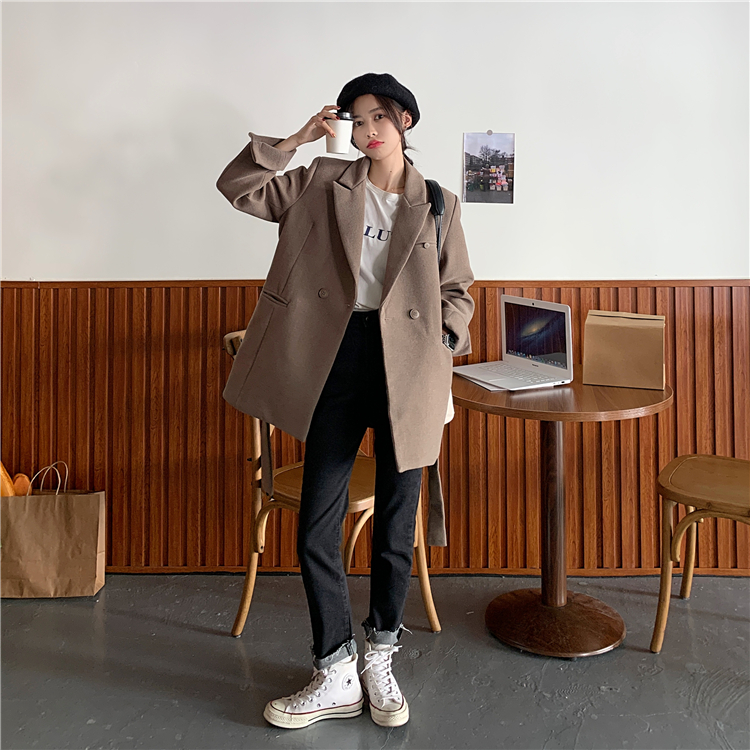 Real shot real price ~ Korean casual loose lace up slim fitting woolen jacket