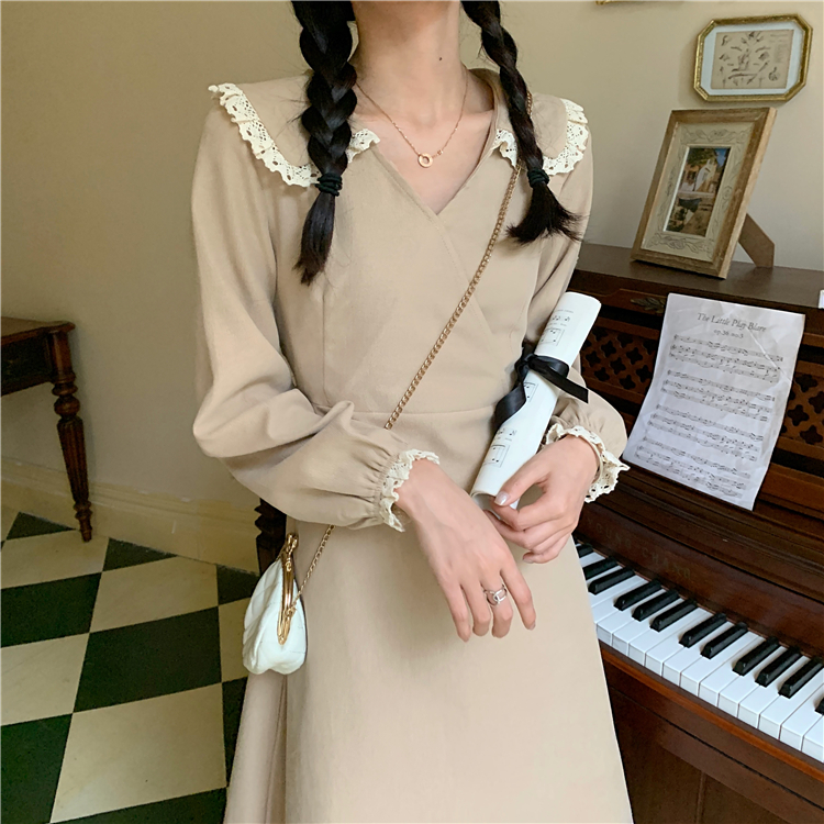 Real price ~ temperament V-neck waistband show thin long sleeve bottomed dress