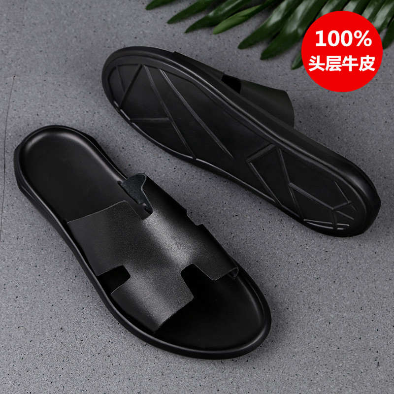 夏季真皮头层牛皮拖鞋男居家防滑软底凉拖时尚休闲百搭一字拖潮流
