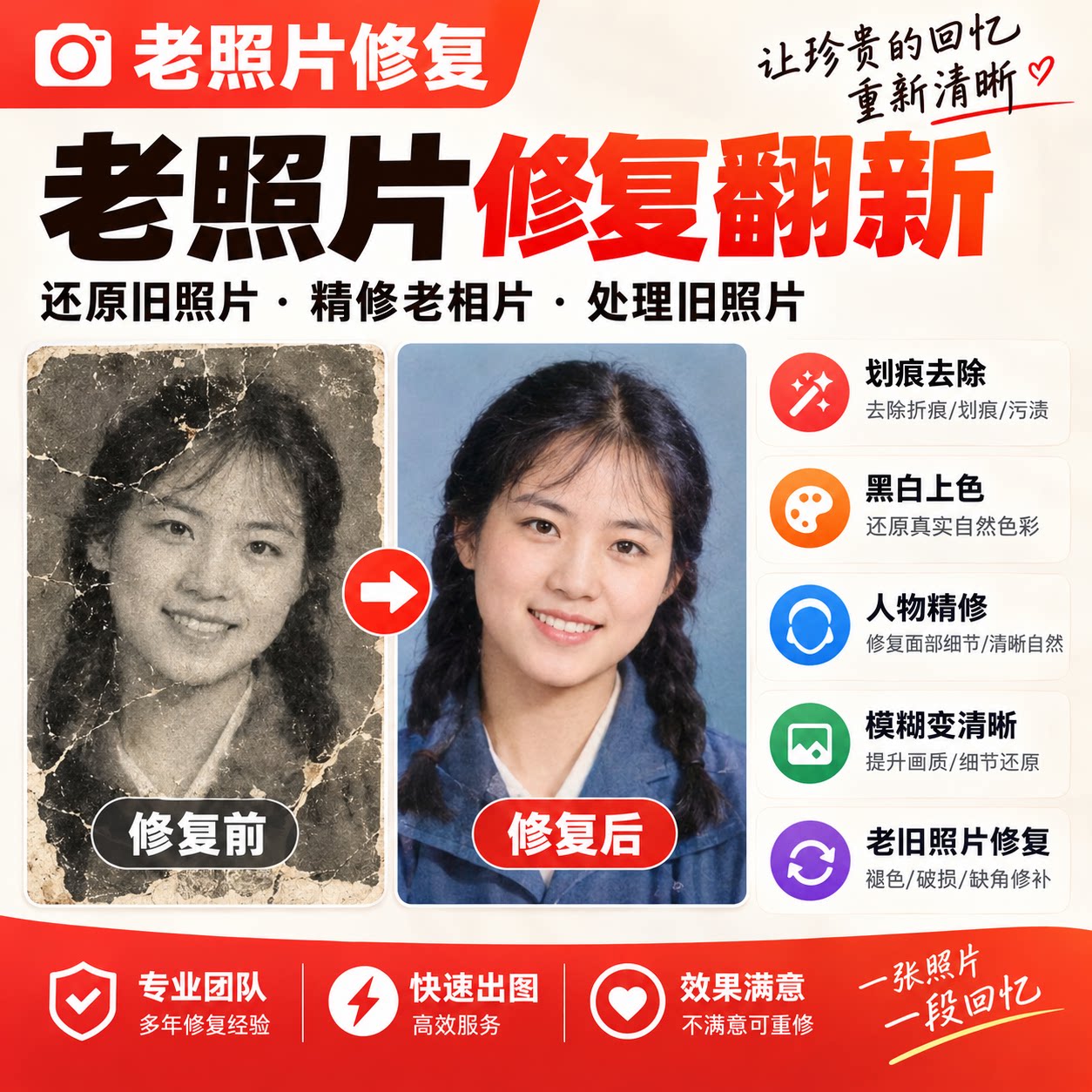 老照片修复翻新还原旧照片精修老相片处理旧照片修补上色修复照片