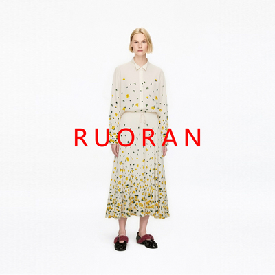 【云丝雏金】RUORAN春夏新款黄色小碎花印花桑蚕丝高级感衬衫半裙