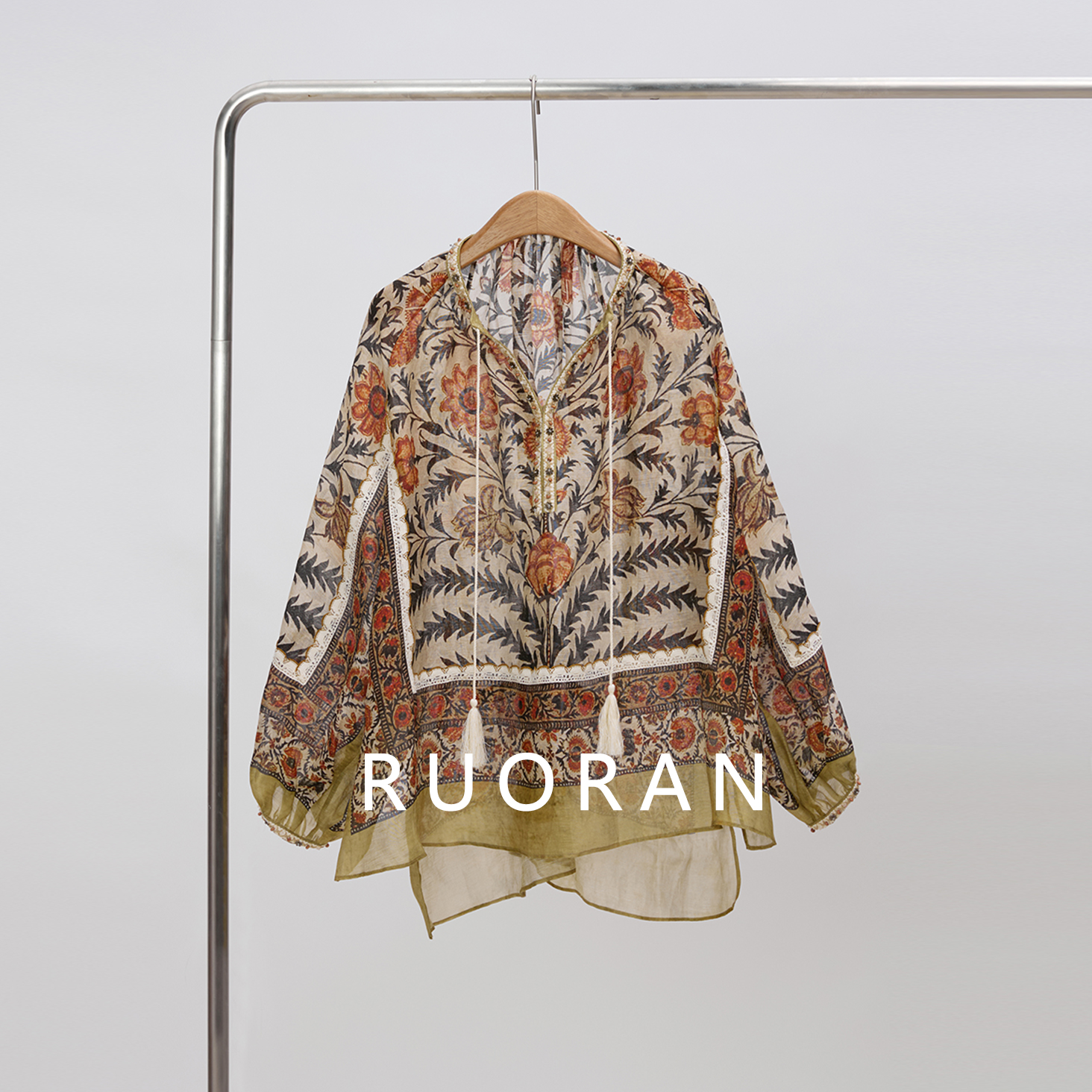 丝麻上衣钉珠刺绣流苏法式度假