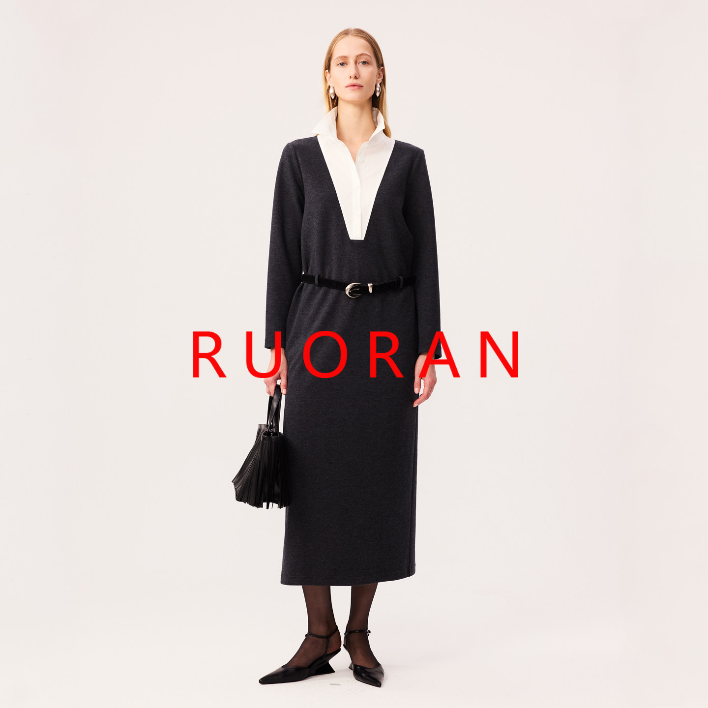 【26秋冬新品】RUORAN石墨灰羊毛针织拼接衬衫领假两件长款连衣裙