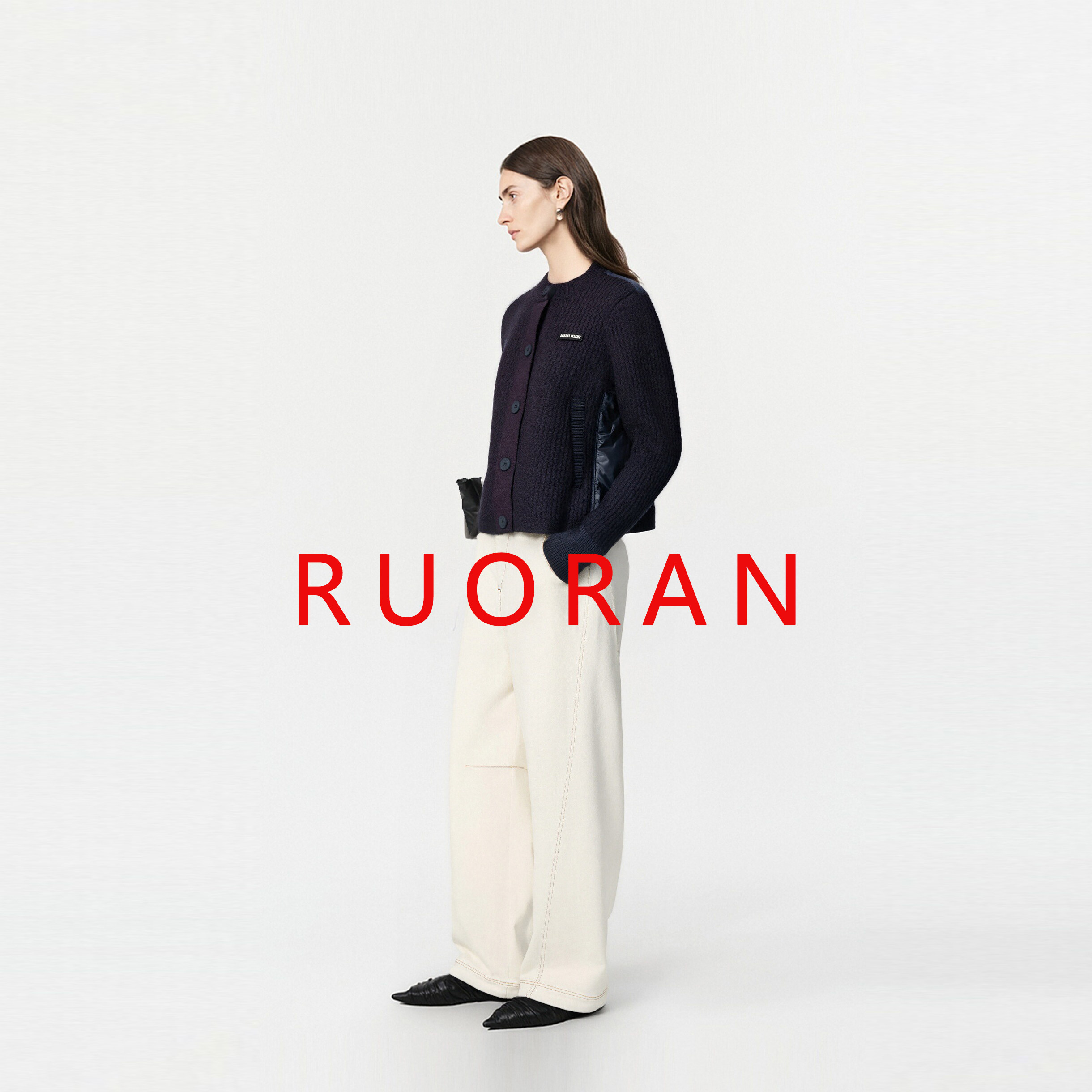 RUORAN秋冬新款学院老钱风扭花毛衫拼接羽绒圆领开衫外套羽绒服