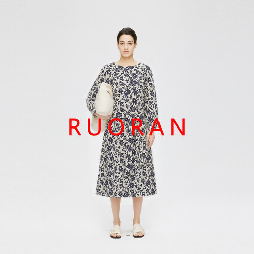 【烟青花事】RUORAN Lor*P深蓝色花卉印花桑蚕丝宽松高级感连衣裙