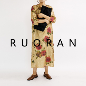 RUORAN Uma 玫瑰的故事斜纹真丝玫瑰花印花新中式桑蚕丝连衣裙