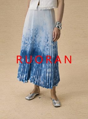 【蓝染褶影】RUORAN春夏新款蓝色晕染扎染显瘦度假风百褶半身裙