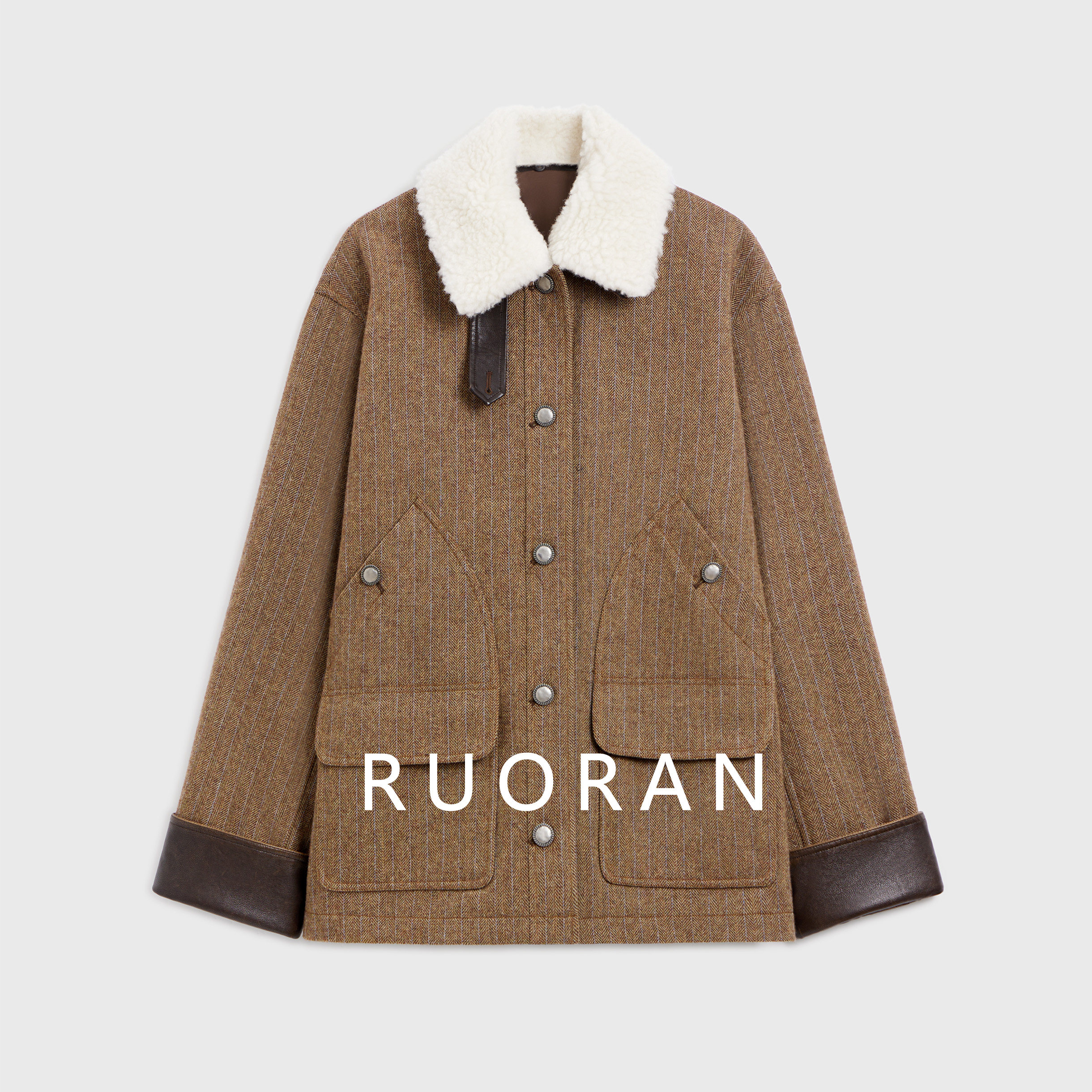 RUORAN秋冬新款复古人字纹可拆卸毛领拼皮时髦高级毛呢外套女