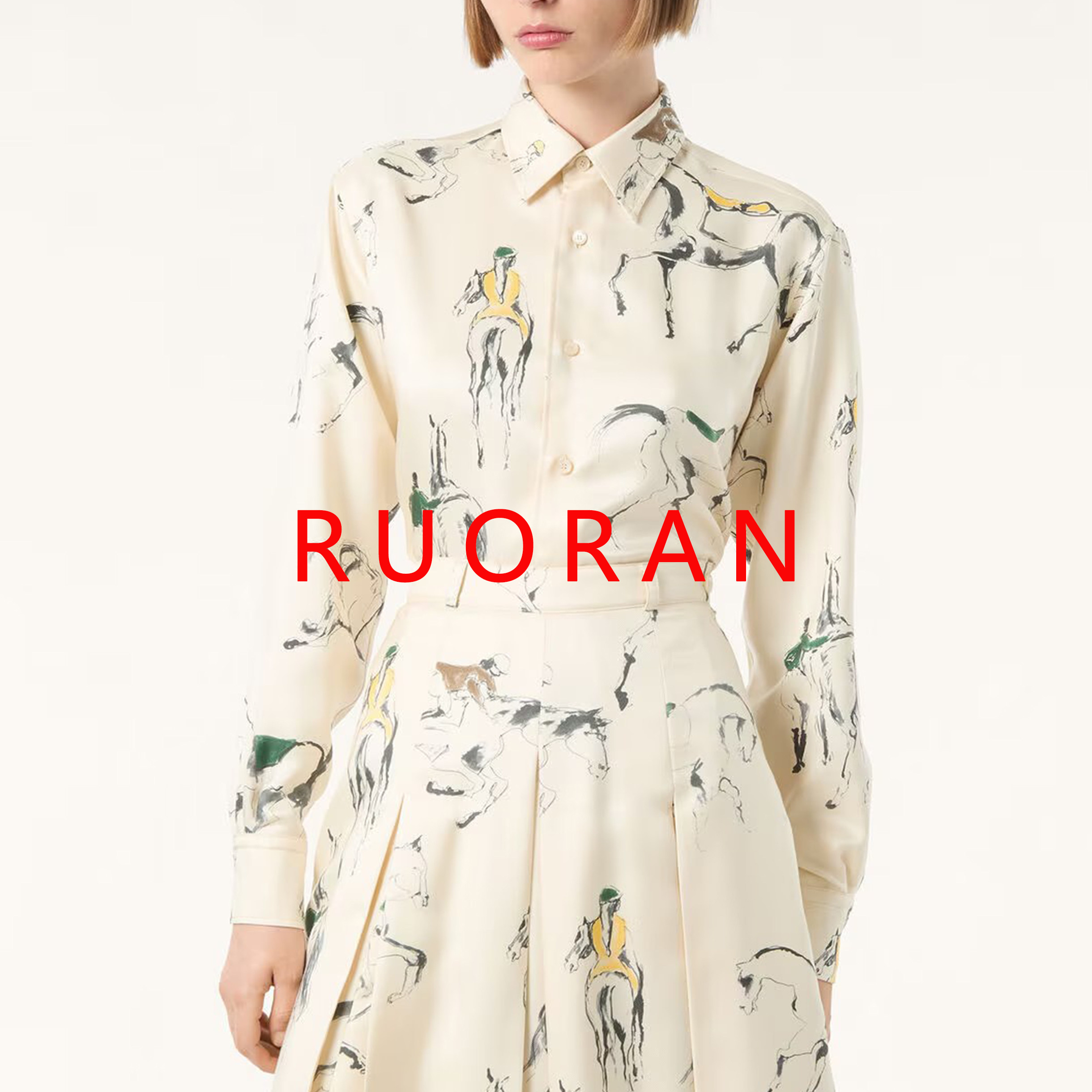 RUORAN 春夏新款米色盛装马术印花桑蚕丝高级老钱风衬衫衬衣女