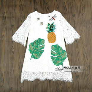 白色蕾丝绣花童装欧美大牌春装新品女童短袖连衣裙儿童裙子公主裙