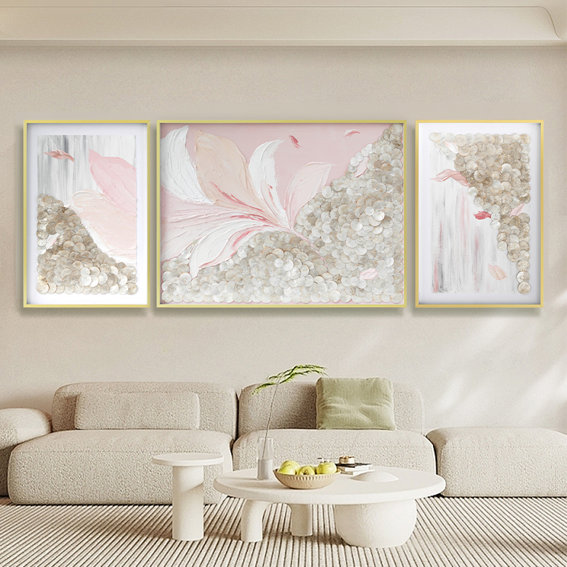 简约现代贝壳装饰画手绘花卉艺术油画客厅定制三联挂画家居壁饰图片