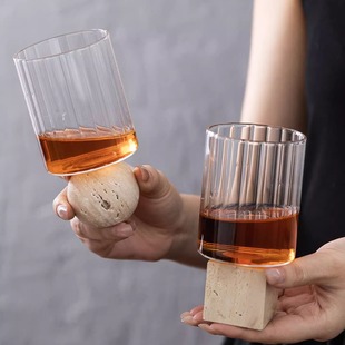创意天然洞石耐热玻璃高脚杯创意果汁牛奶水杯家用威士忌啤酒杯子