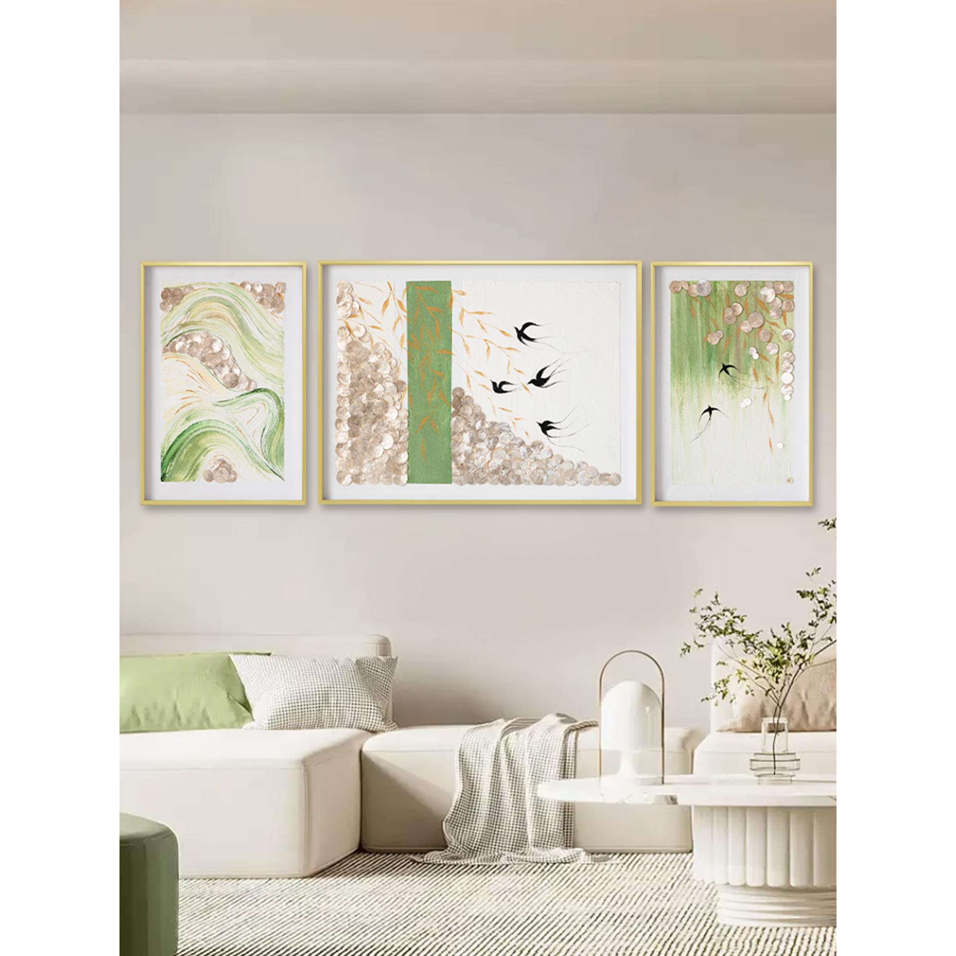 原创东方美学手绘花鸟油画客厅贝壳装饰画背景墙三联挂画艺术壁饰图片