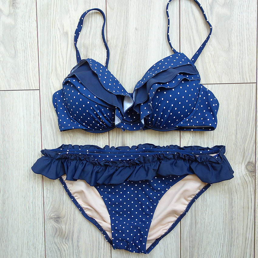 日本原单荷叶大胸聚拢钢托保守三角比基尼女泳衣比坚尼bikini