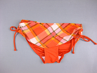 出口法国原单橘红格小裙摆遮臀比基尼女游泳裤比坚尼下装百搭