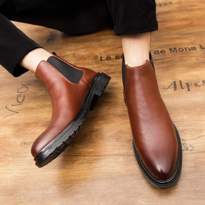 SLIP-ON MARTIN BOOTS CHELSEA MID-TOP LEATHER BOOTS KOREAN BRITISH STYLE RETRO BOOTS HIGH-TOP LEATHER MENS BOOTS LEATHER SHOES