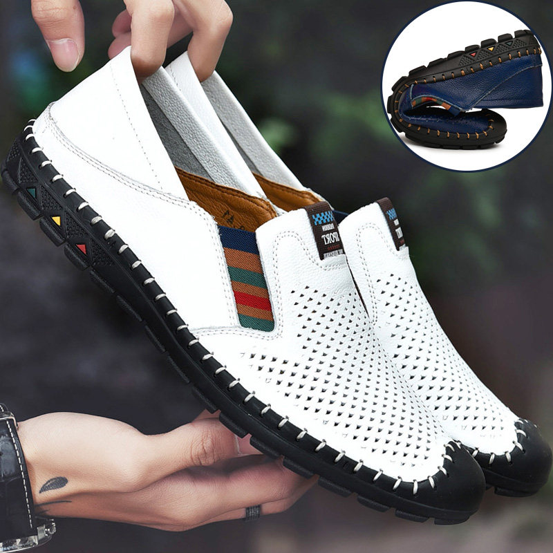 头层牛皮男鞋夏季镂空透气真皮休闲软皮鞋男一脚蹬软底白色皮凉鞋