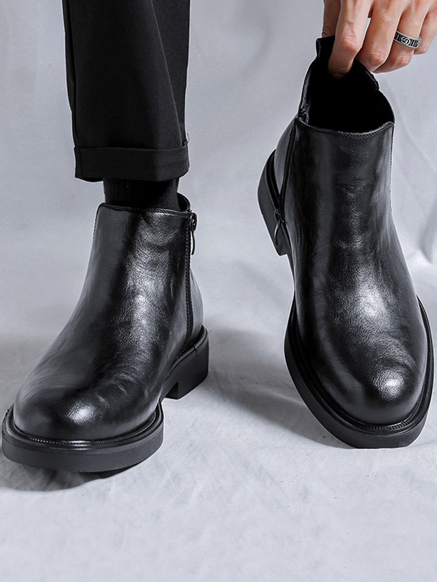 SIDE ZIPPER CHELSEA BOOTS MENS ANKLE BOOTIES LEATHER HIGH-TOP SOFT SOLE BRITISH LEATHER KOREAN BOOTIES LAZY MARTIN BOOTS