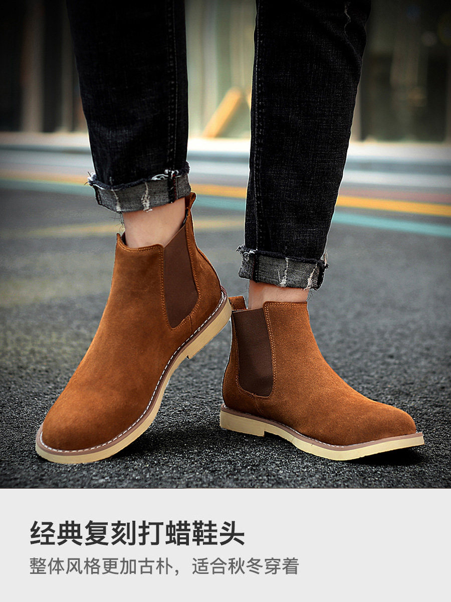 VINTAGE CHELSEA BOOTS MENS WINTER FLEECE MID-TOP LEATHER BOOTS BRITISH STYLE HIGH-TOP TREND VERSATILE MARTIN BOOTS
