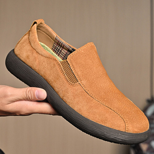 欧洲站男鞋2025新款透气真皮厚底懒人休闲皮鞋一脚蹬乐福鞋豆豆鞋